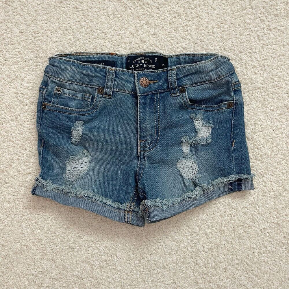 Lucky Brand Girls Riley Jean Shorts Size 6 Distressed Denim Rips Holes Blue